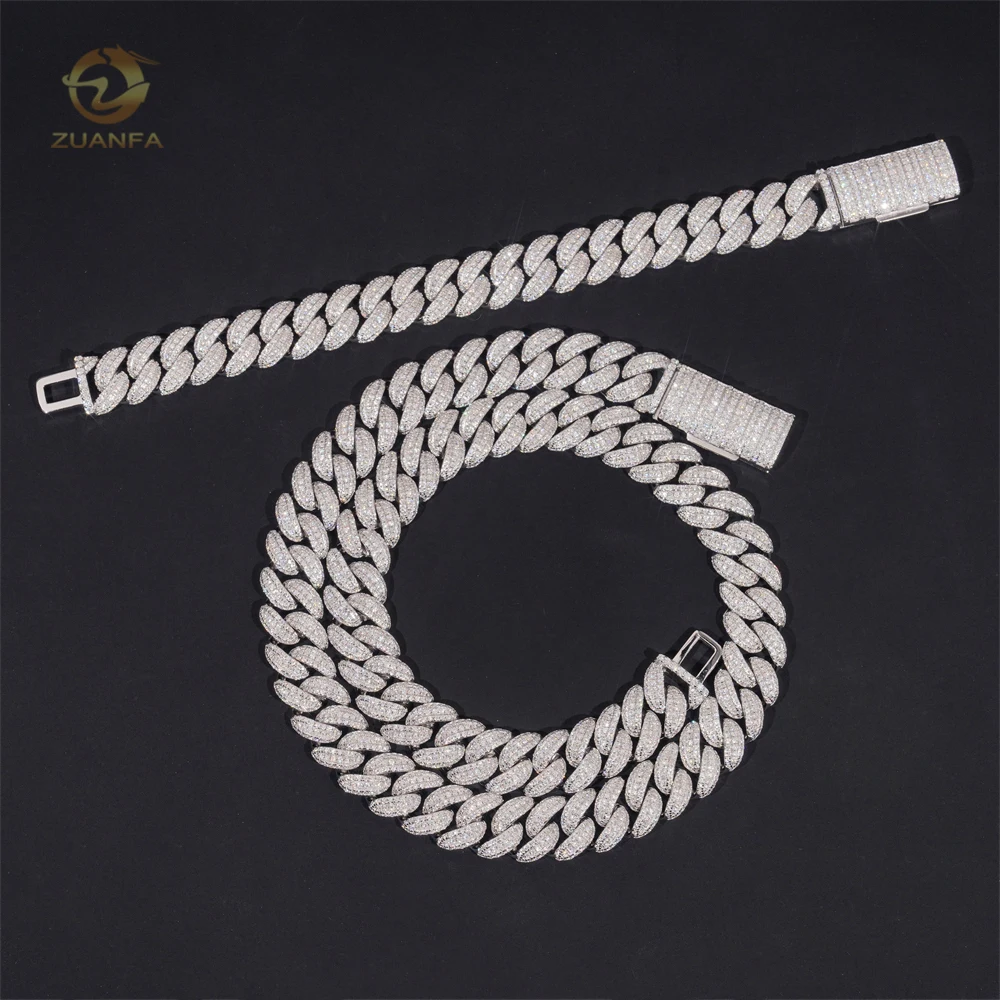 Hop Hip Jewelry 13mm Moon Shape Silver Moissanite Cuban Chain for Men Iced Out Cuban Link Bracelet Pass Diamond Test Cheap Price