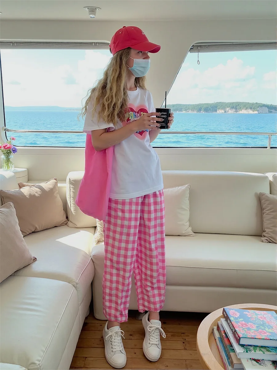 Calças femininas de tamanho grande, azul, rosa, xadrez, elegante, trabalho, traje de negócios, formal, profissional, slim fit, calças para mulheres