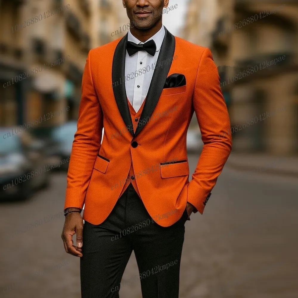 

Новый оранжевый и черный деловой мужской костюм для жениха, жениха, свадебной вечеринки, выпускного вечера, деловые мужские смокинги, комплект из 3 предметов, пиджак, жилет, брюки