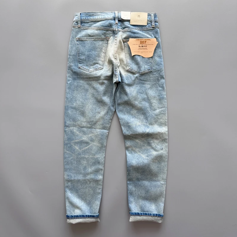 Lichte stretch voor comfort Heren Distressed Patch Slim Tapered Denim Jeans met rechte pijpen Dikke herfst/winter gewassen vintage