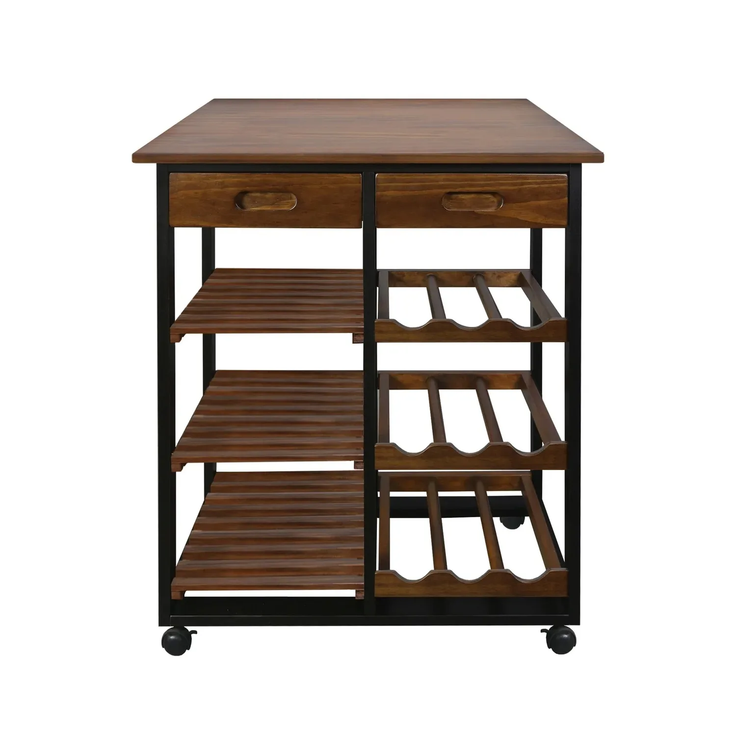 

Solid Wood 4-Tier Rolling Kitchen Cart with Wine Rack and Drawer Cart