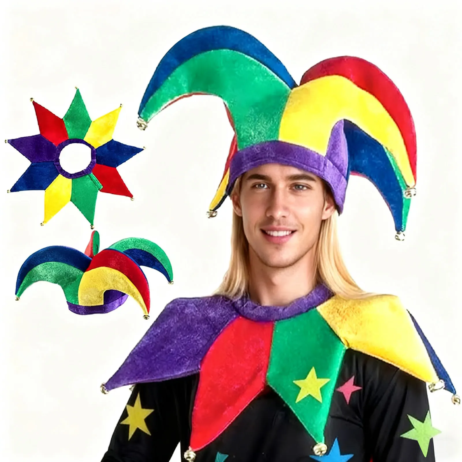 Halloween Cosplay Clown Hat Jester Collar Unisex Funny Clown Hat Cap with Bells Costume Accessorie Adult Festive Performance Hat