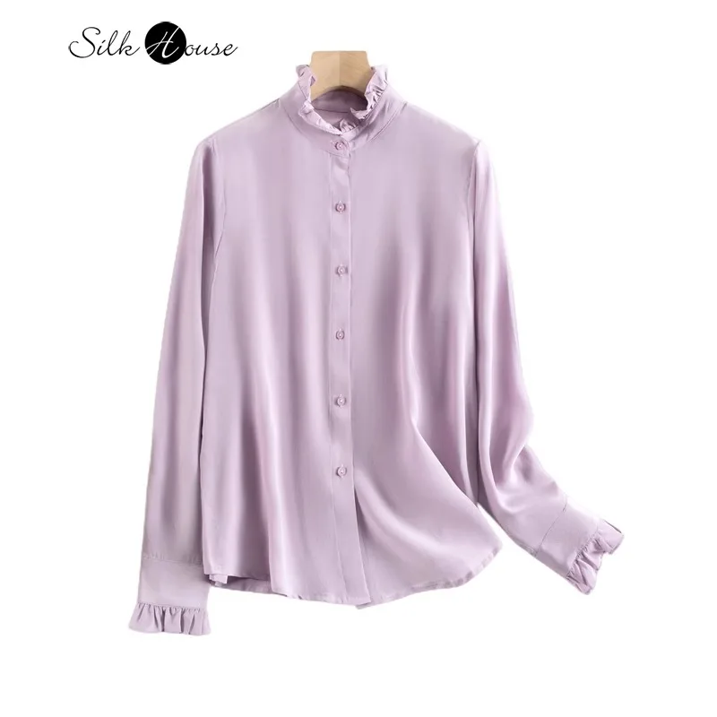 

2024 Women's Fashion Spring/Summer New Palace Style 100%Natural Mulberry Silk 03Crepe De Chine Long Sleeve Petal Neck Shirt