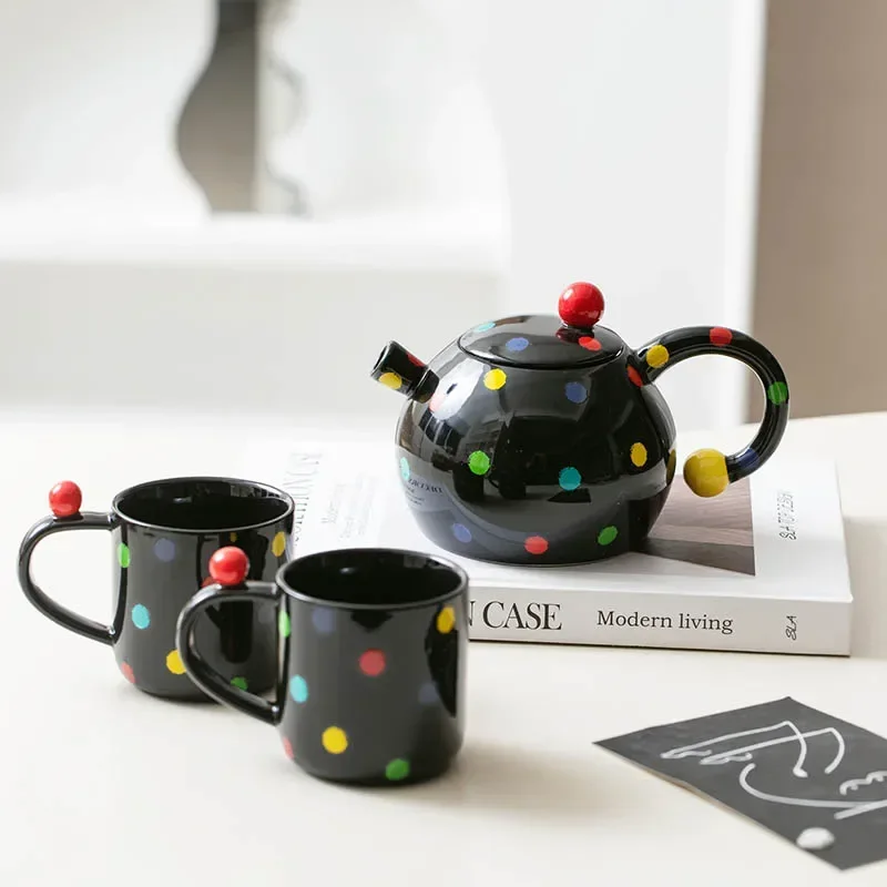 Creative Colored Polka Dot Ceramic Teapot Set High Beauty Tea Pot Three Piece Set Coffee Milk Mug Household Tea Set Supplies