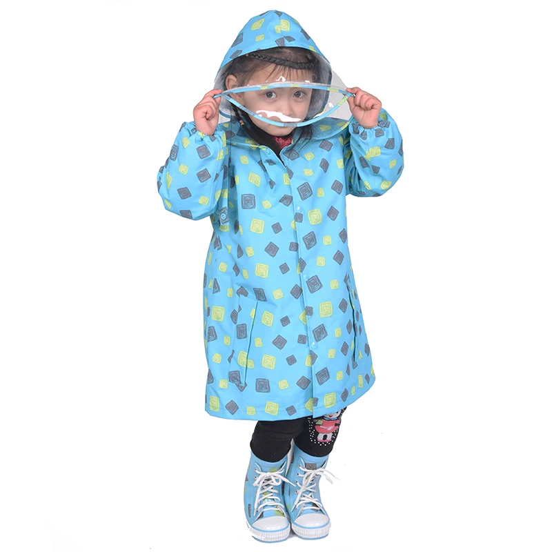 Cartoon cute boys and girls big school poncho big brim school bag stand kids raincoat hiking letter blue rainproof coat