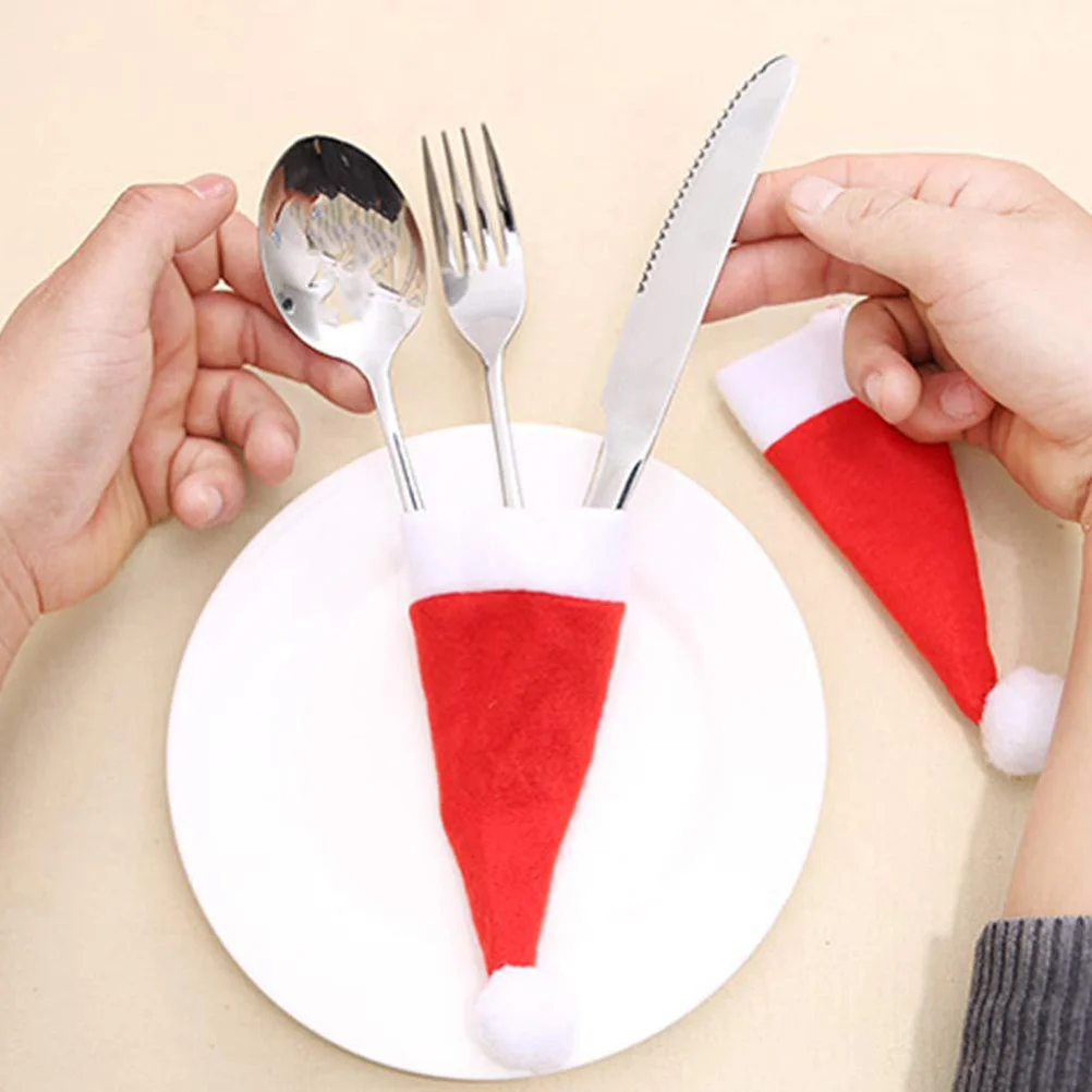 

25pcs Mini Christmas Hat Cutlery Covers Silverware Holders For Wine Bottle Ornament Christmas Table Decorations Party Supplies