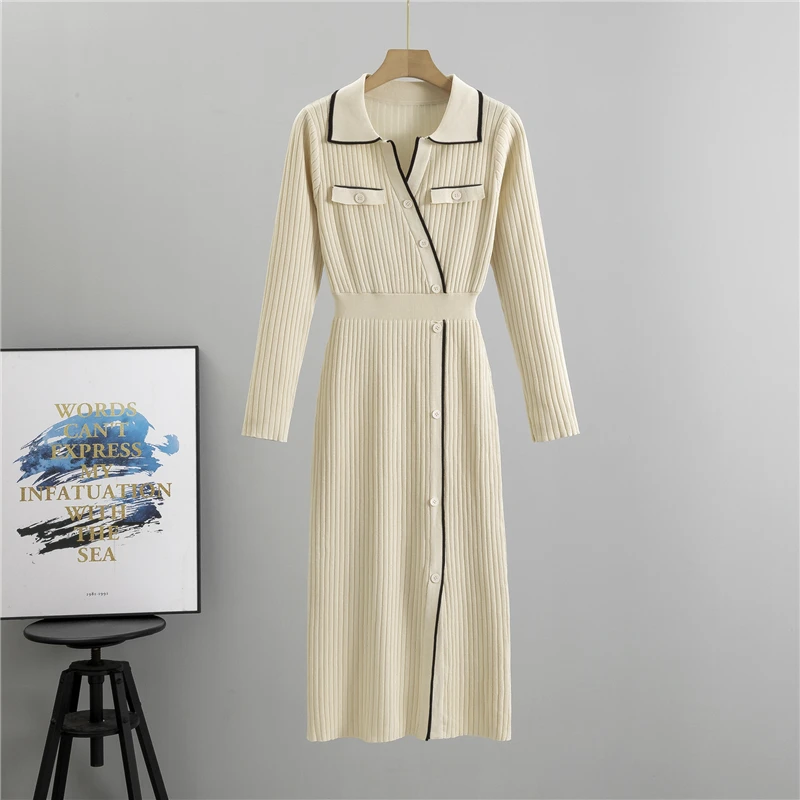 

Женское трикотажное платье-свитер средней длины, Элегантное однобортное винтажное платье с отложным воротником и длинным рукавом, осень