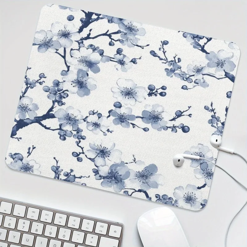 Navy blue cherry blossom mouse pad - non-slip small desktop pad, elegant flower design, gaming computer and keyboard