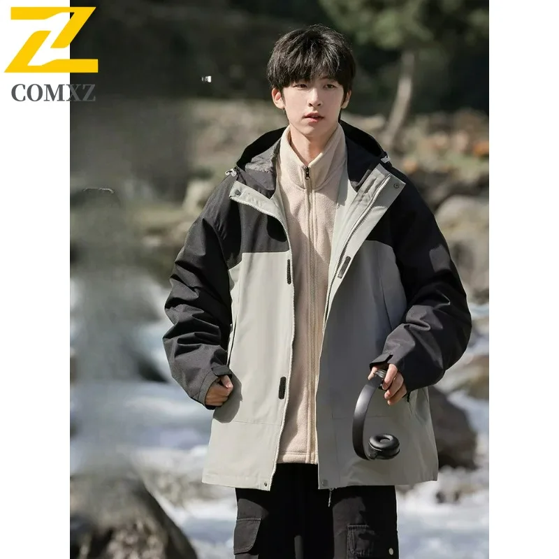 

COMXZ 2025 Men Jacket Classic Hooded Outdoor Mountaineering Windproof Coat Patchwork Design Travel Lightweight Autumn Coat