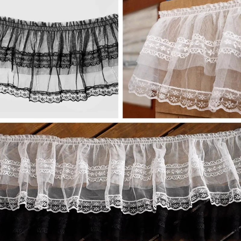 1 Meter hochwertiges weißes schwarzes besticktes Mesh-Spitzenkleidungsstück, plissierte Spitzenbesätze, Besätze, DIY-Nähzubehör, 13 cm Breite