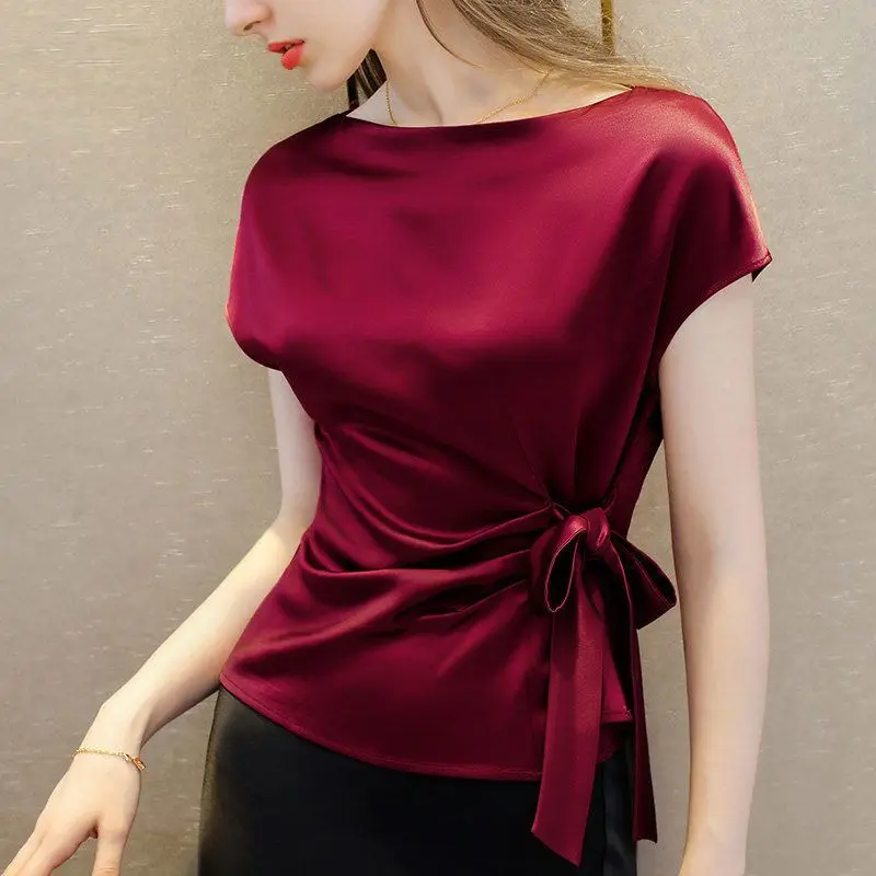 Korean Fashion Summer New Women's POLO Collar Solid Bandage Bow Pleated Irregular Temperament Loose Short Sleeve Shirts Tops