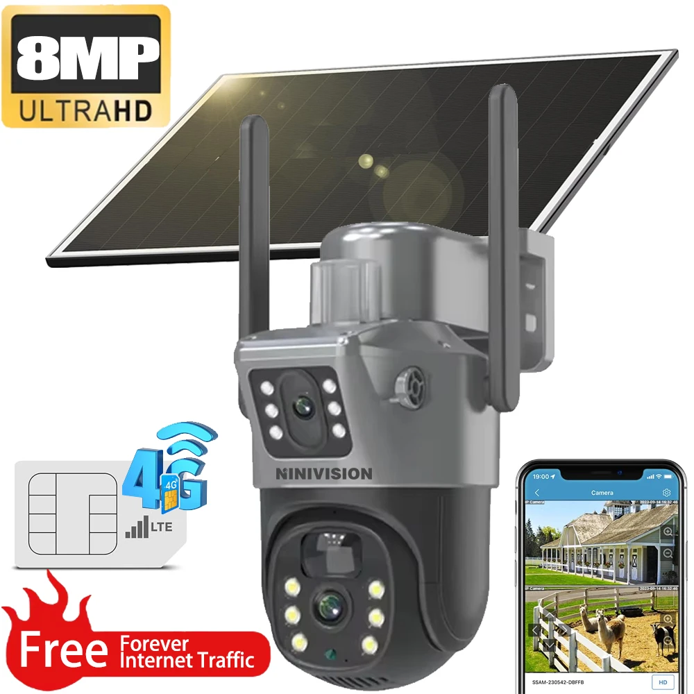 

Forever Free Internet Traffic 4G LTE Cellular 4K 8MP Solar Security Camera 360° View PIR Detection Built in SIM Card Easy To Use