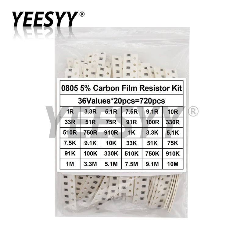 SMD Chip Assorted Resistor Kit, Resistance Sample Set, 1 ohm a 10m, 5% 0603 0805 1206, 36valuesX20Pcs = 720Pcs, 720Pcs