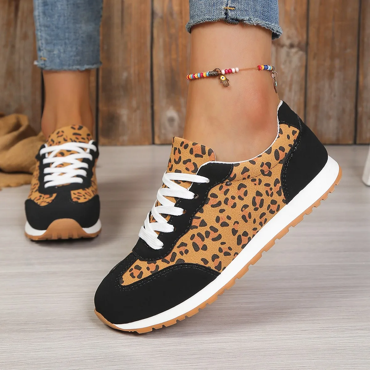 

Женские кроссовки на платформе с леопардовым принтом, весна 2026, нескользящие, на толстой подошве, коричневые, спортивные, повседневные, больших размеров, без каблука