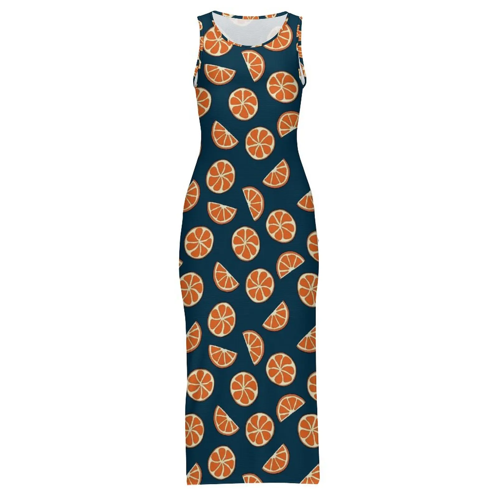 Vestido ajustado para mujer, vestidos largos elegantes con rodajas de naranjas, vestido sin mangas con patrón estético de frutas amarillas de verano, talla grande 4XL