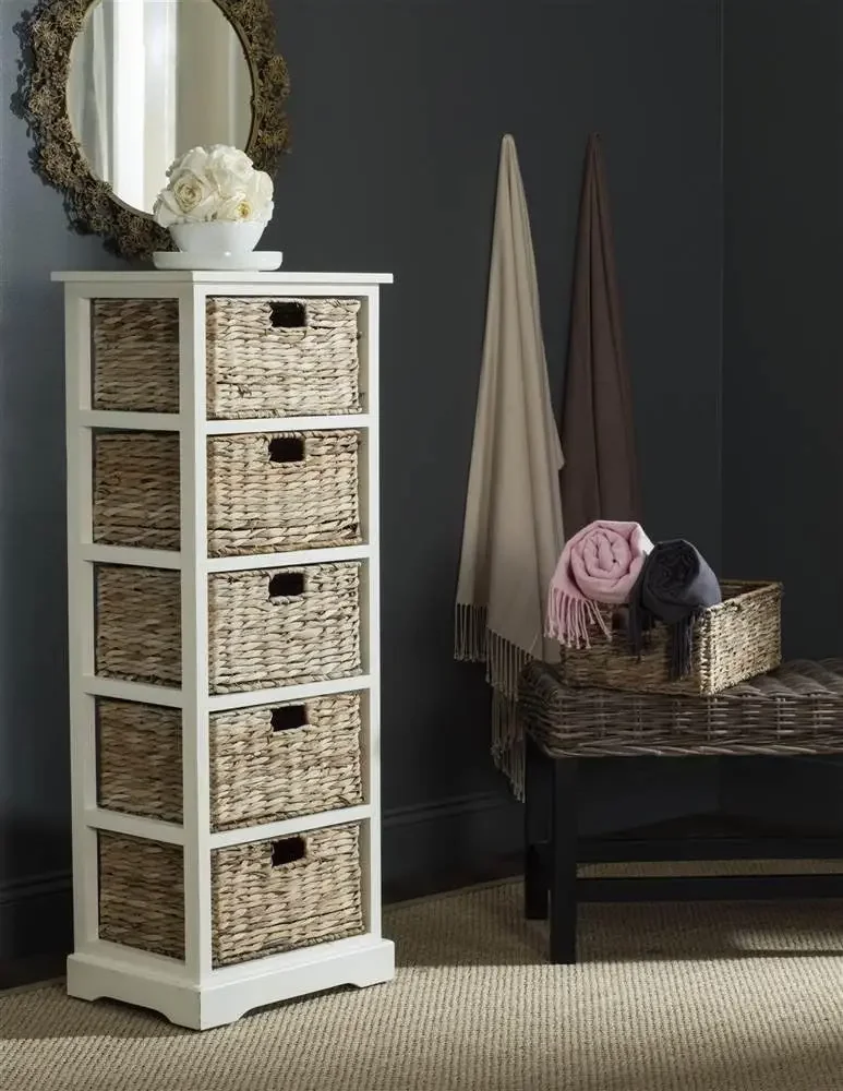 Home Collection Vedette Distressed White 5-Drawer Wicker Basket Storage Tower (Fully Assembled)