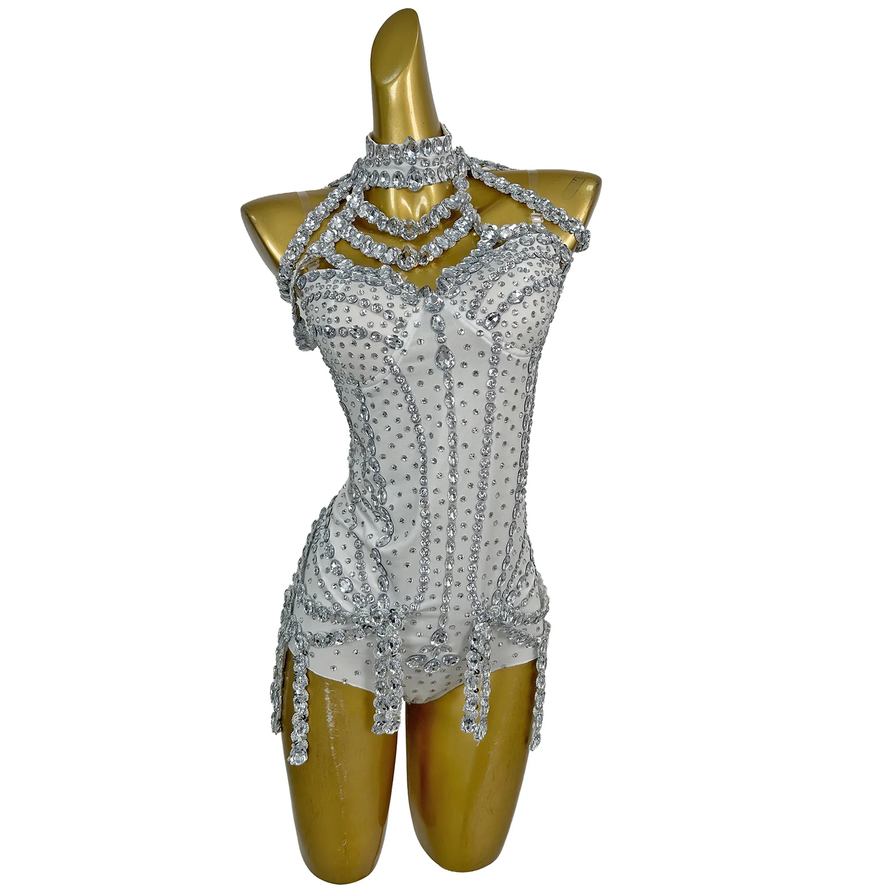 Chunbai Sparkly White Rhinestone Corset Bodysuit with High Neck Choker Perfect for Themed Parties and Festival Performances
