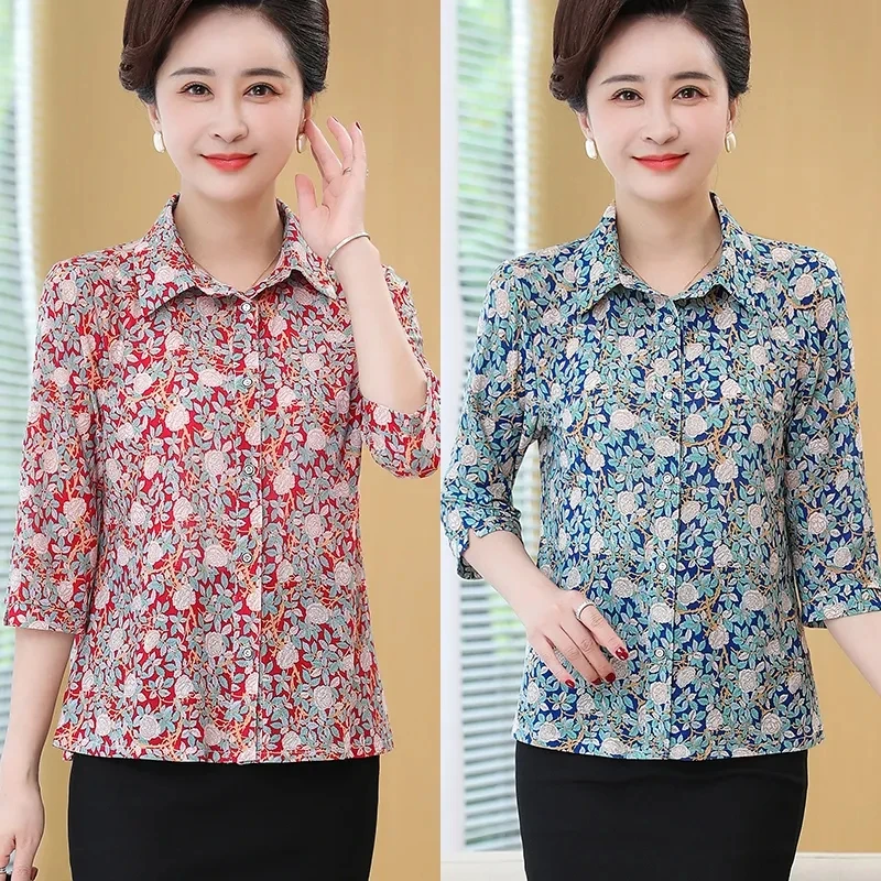 Elegant Middle-aged Women\'s Shirt And Tops Summer New Printed Casual 3/4 Sleeve Elastic Blouse Middle Aged Mother Blusas 5XL