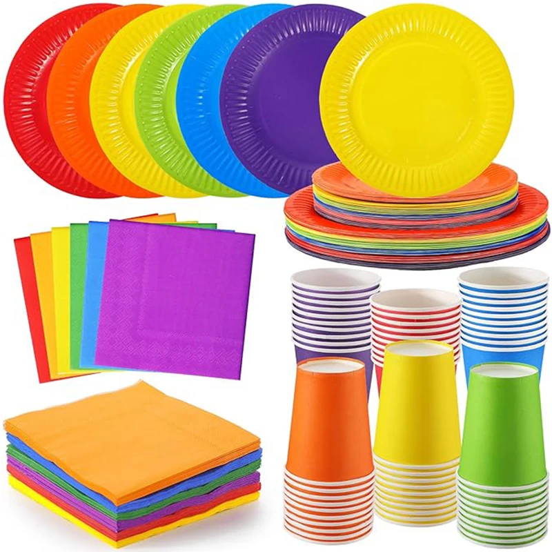 Rainbow Solid Color Disposable Tableware Set Cake Paper Tray Cup Napkins Birthday Party Wedding Supplies Cardboard Plates New