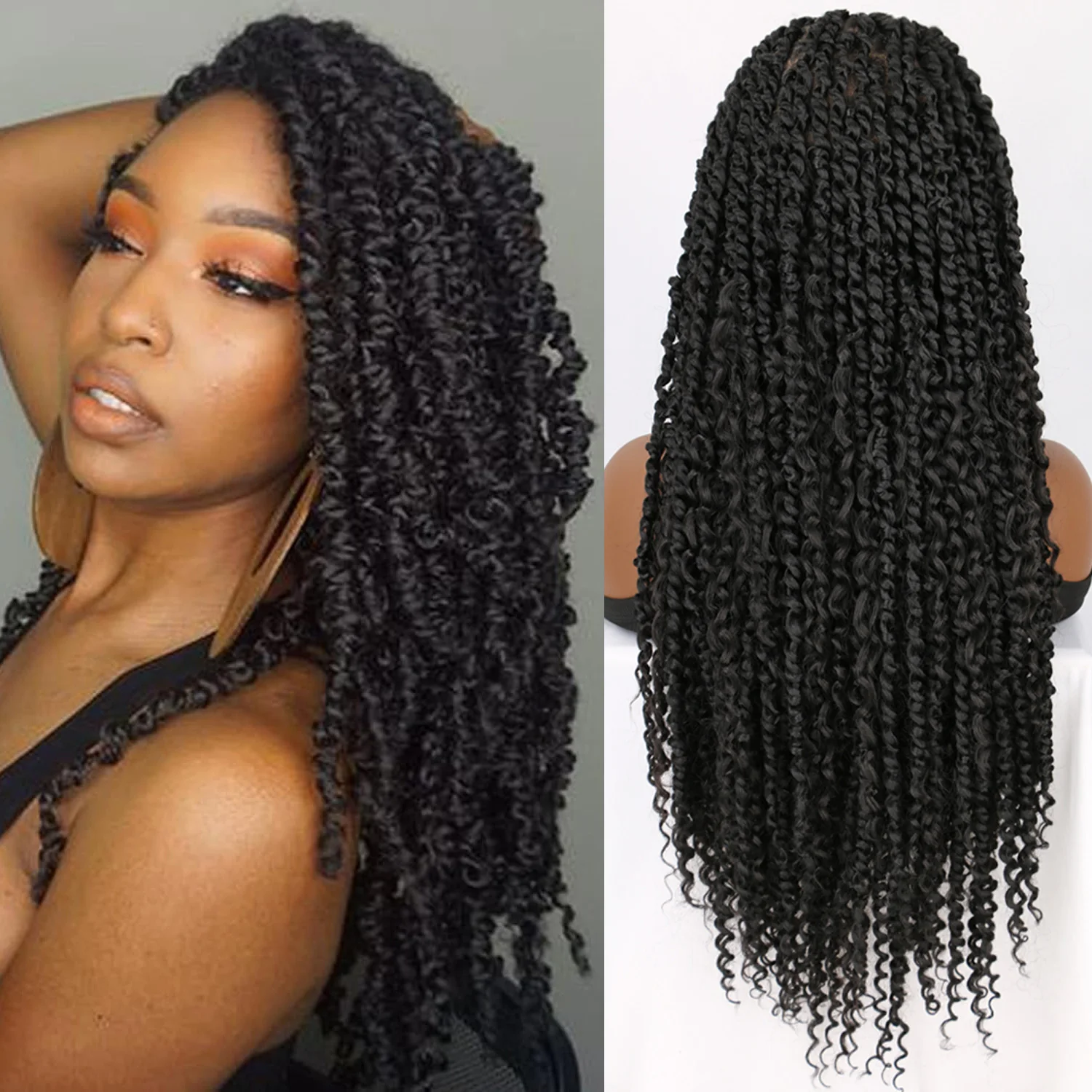 Full Lace Boho Passion Twist Wig with Baby Hair Square Part Knotless Braided Twist Wig With Curly Ends for Black Women