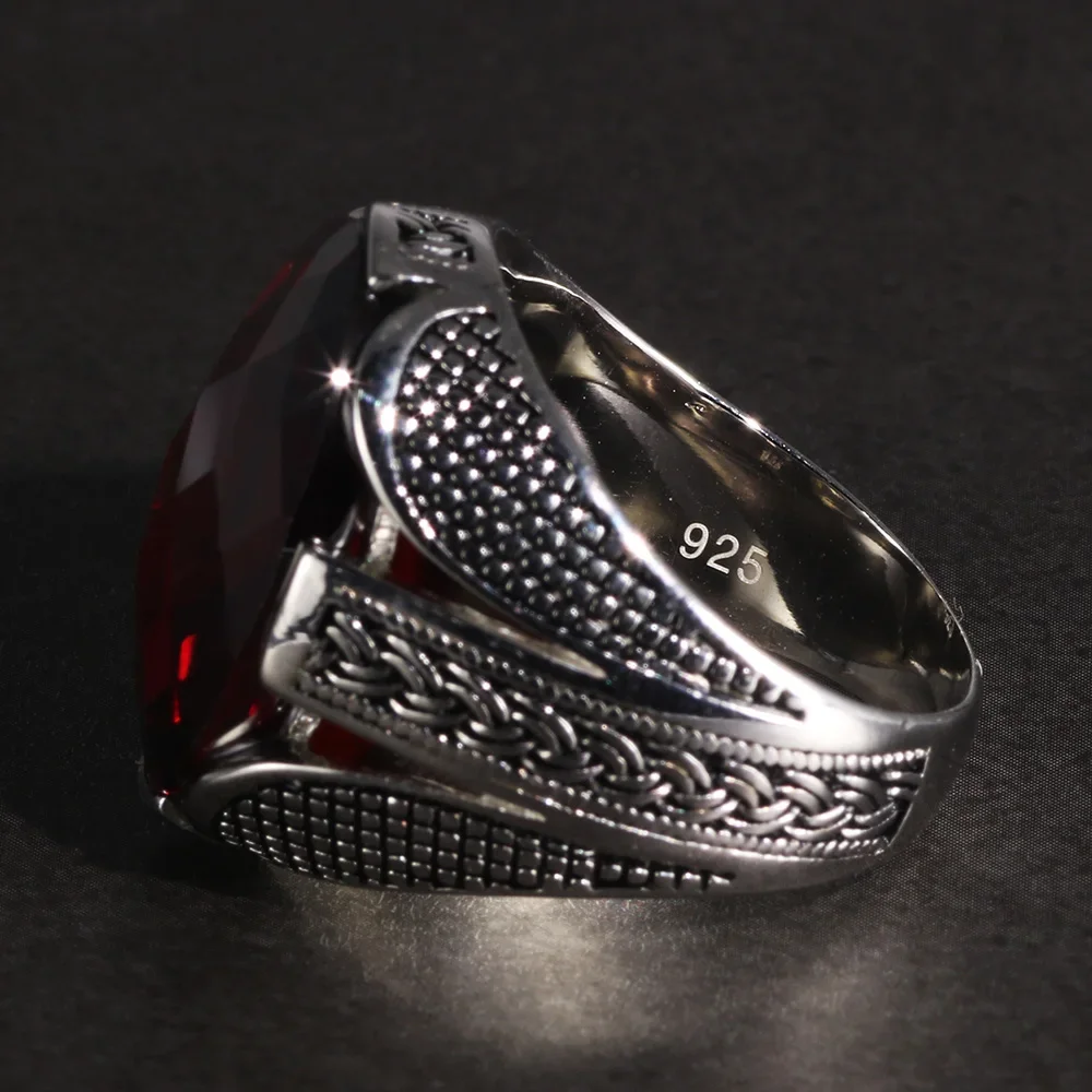 Real Pure 925 Sterling Silver Rings With Red Color Zircon Stone Faceted Wedding Rings For Men Vintage Turkish Jewelry