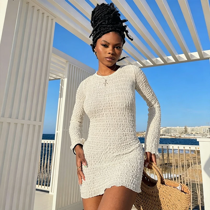 

Y2K style sexy bubble line chiffon slim fit mini dress women's long sleeved backless tight evening dress club party vest