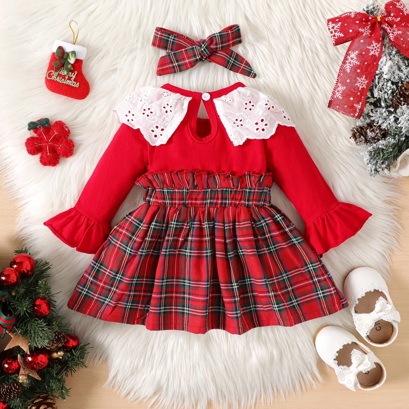 PatPat 2pcs Baby Girl 95% Cotton Long-sleeve Spliced Plaid Bow Front Ruffle Collar Dress with Headband Set Comfortable