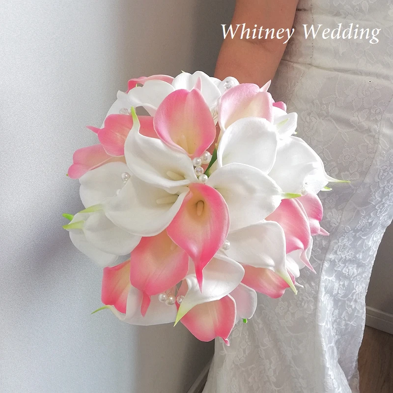 

Elegant Round Bridal Bouquet with White & Pink Calla Lilies - Romantic Artificial Wedding Flowers for Bride