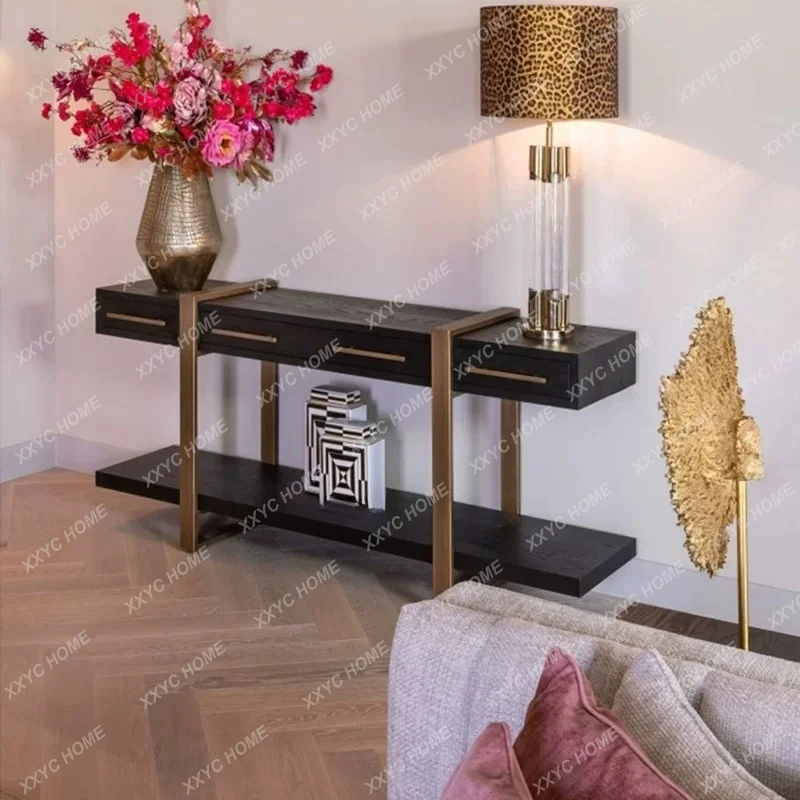 Mid-Century Modern Solid Wood Console Table Black Minimalist Entryway Cabinet