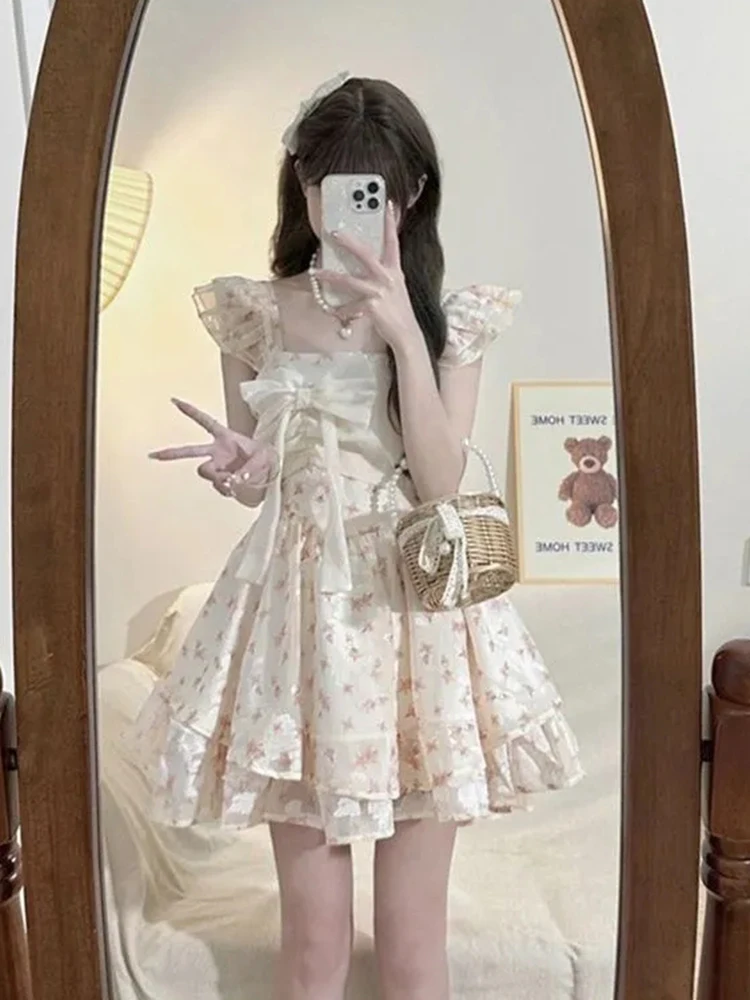 Jmprs Floral Süße Nette Bogen Kleid Frauen Schlank Vintage Fliegen Sleeve Mini Kleid Sommer Elegante Vintage Französisch Sexy Dame Vestidos