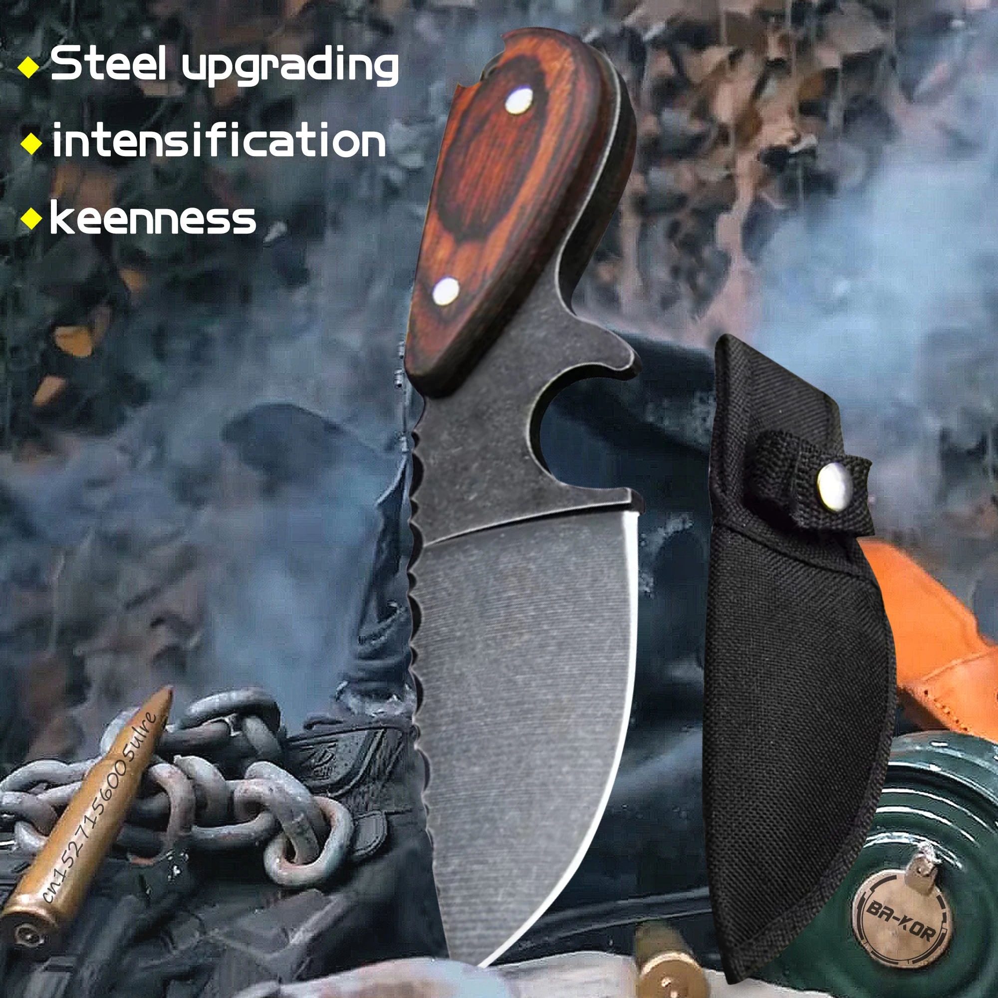 DEHONG Stone wash D2 steel Japanese straight knife, sandalwood handle outdoor hunting tactics straight knife + knife sleeve