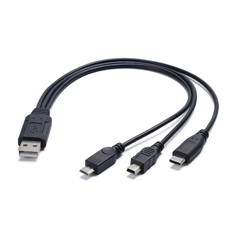 30cm 1/3 USB 2.0 A Male Chip to Micro 5P Male+Type-C Male+Mini 5P Male Charging Data Synchronization Adapter Cable