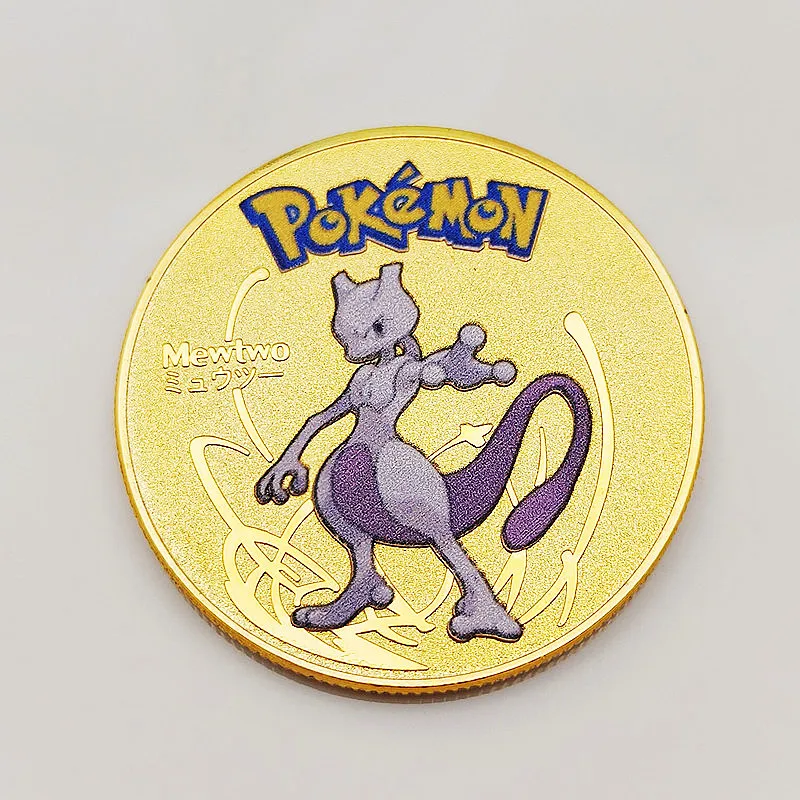 Gold Pokemon Coins Metal Mewtwo Coins Anime Commemorative Coin Charizard Pikachu Golden Pokemon Cards Round Metal Coin Toys