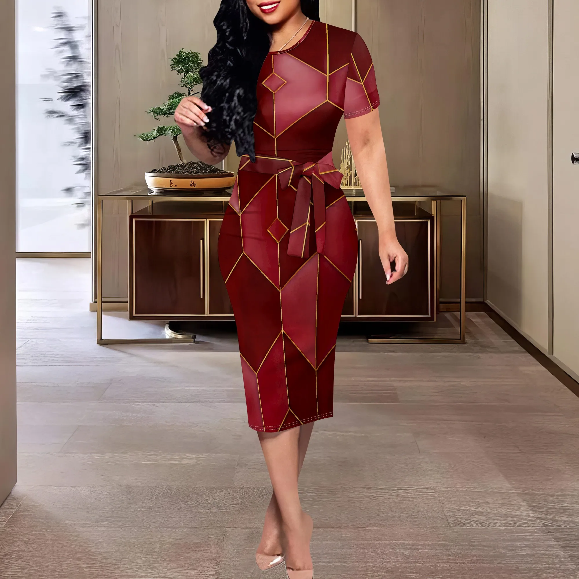 

Burgundy Geometric Midi Dress XS-3XL Short Sleeve Belted Bodycon Style for Church, Workwear or Fall Wedding Guest Look
