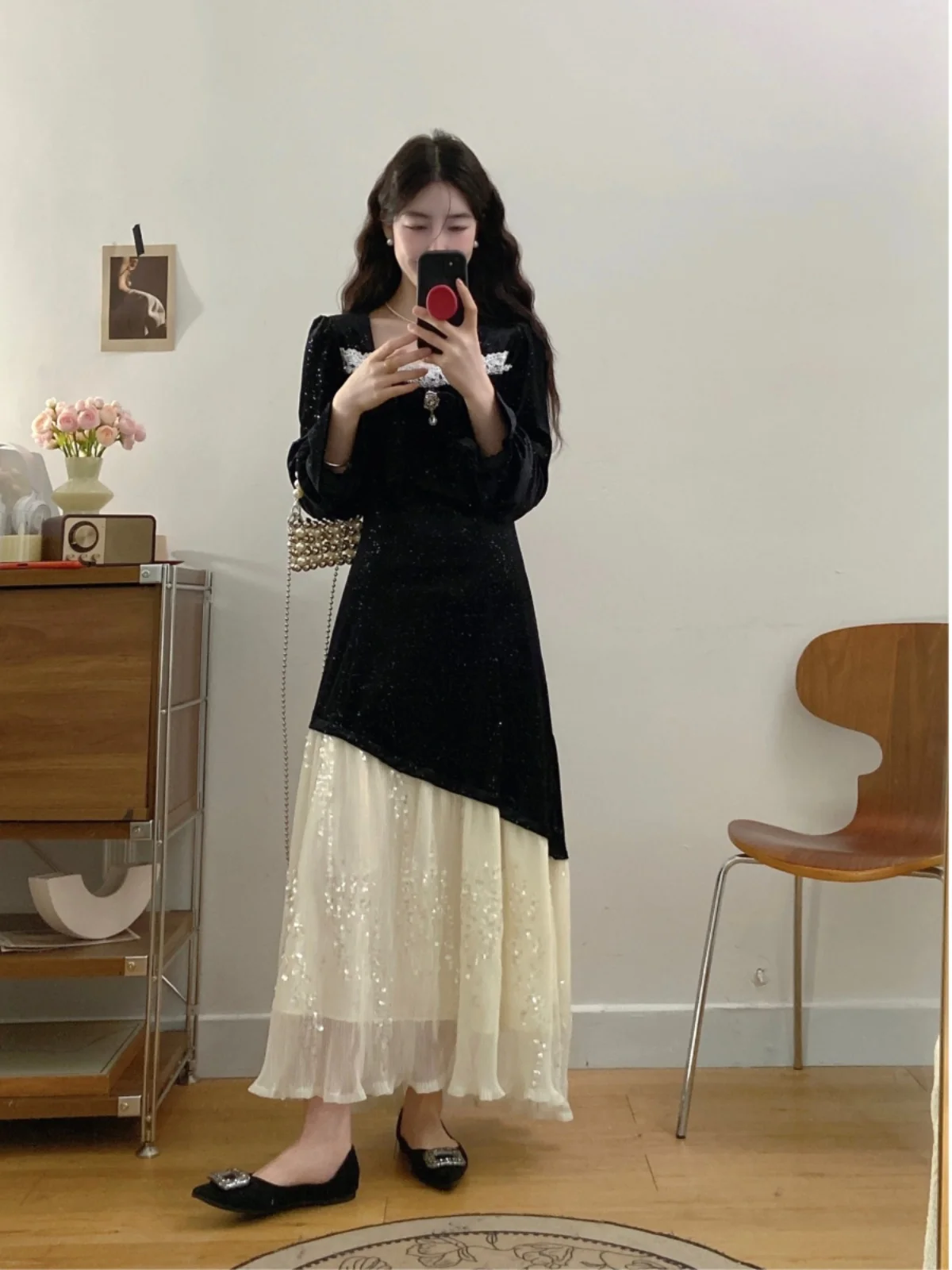 

iny Sequin Tulle Dr Women's Winter New Splicing Velvet Waist Cinching A-Line Skirt Large Size Faion Commute Sle Long...