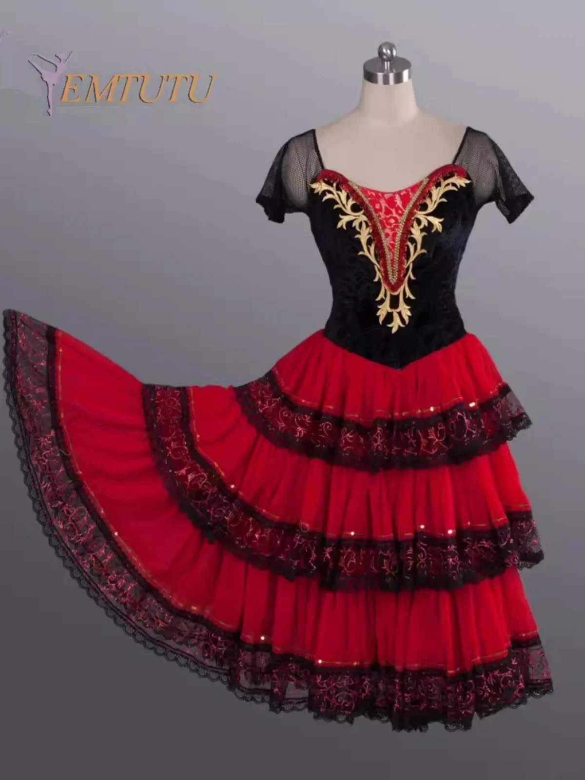 Special adult ballet performance children's skirt red and black Spanish multi-layer large swing dress