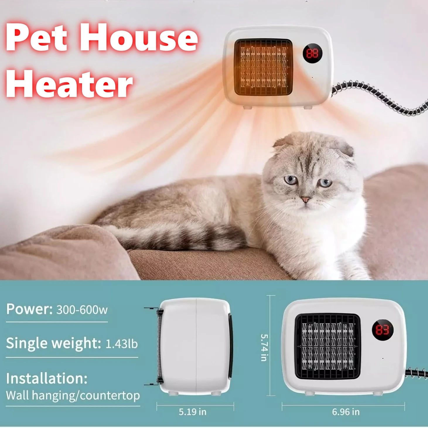 Pet House Heater with Thermostat 200W/400W Safe Efficient Heating for Animal with 6FT Anti Chew Cord & Safe Overheat Protection