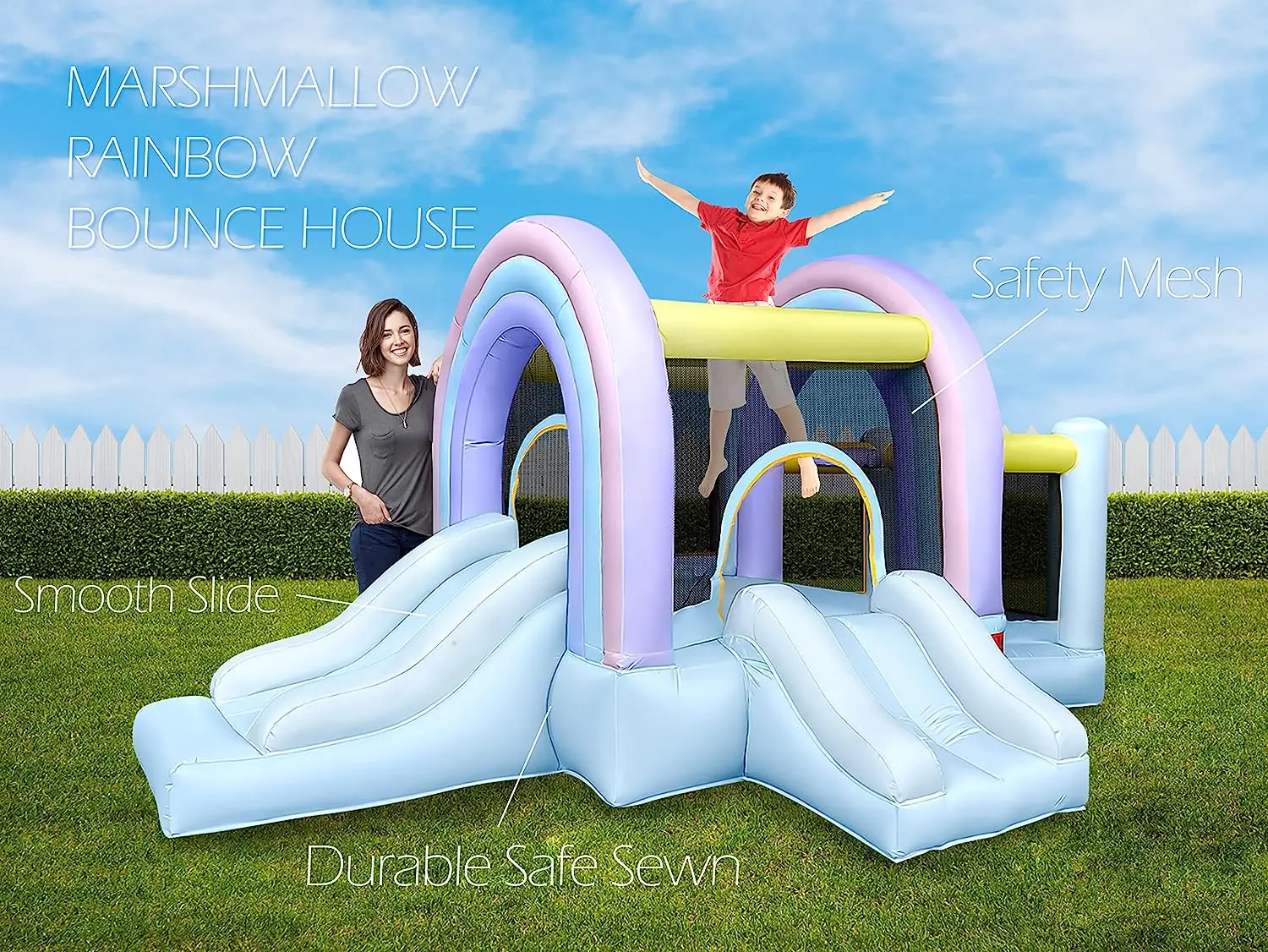 Marshmallow-Rainbow Bounce House para crianças, Bounce Pastel com Ball Pit, porta deslizante, castelo de salto, Bouncy House, frete grátis