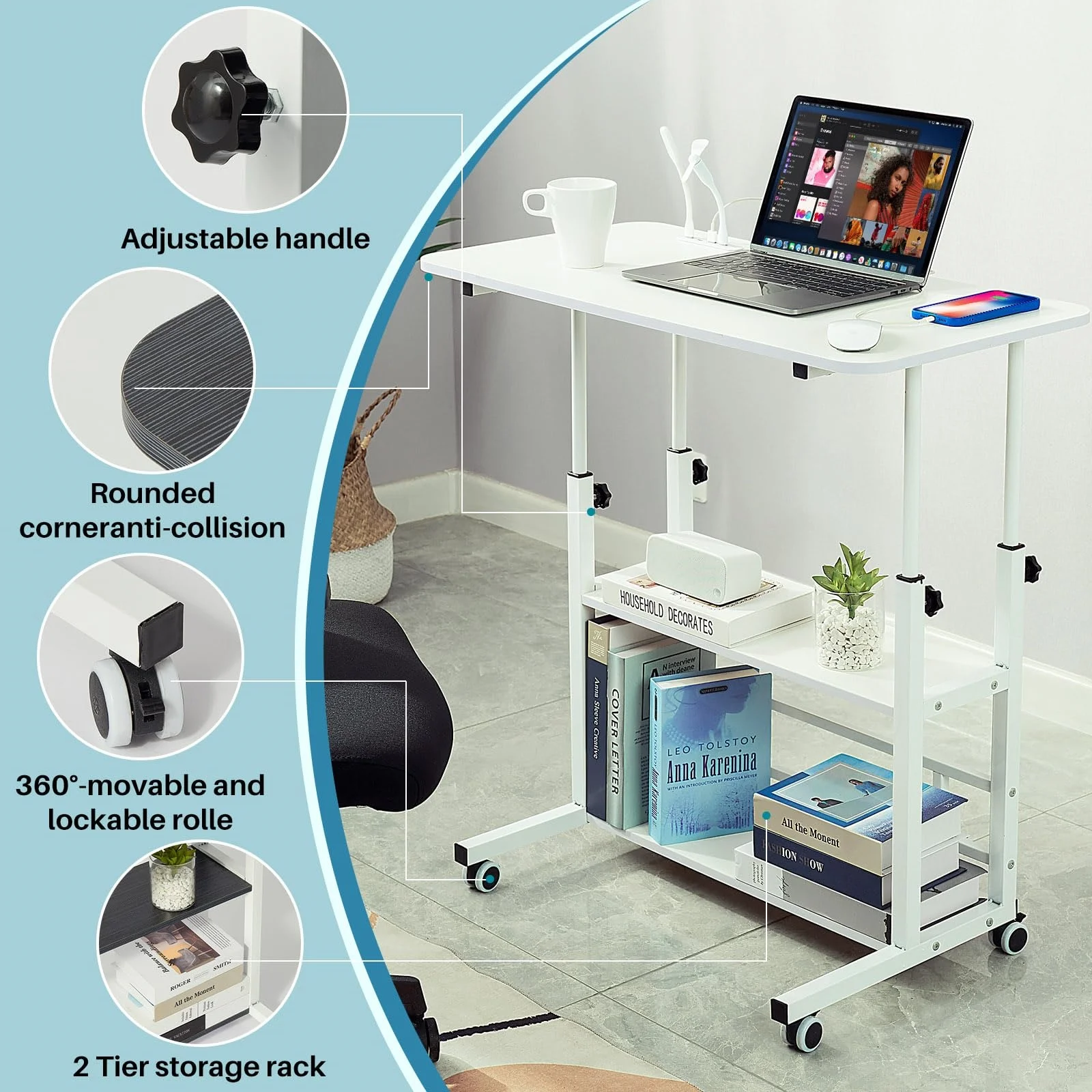 Adjustable Height Student Computer Desk with USB Port, Mobile Portable Bedside Table with Storage, 31.5