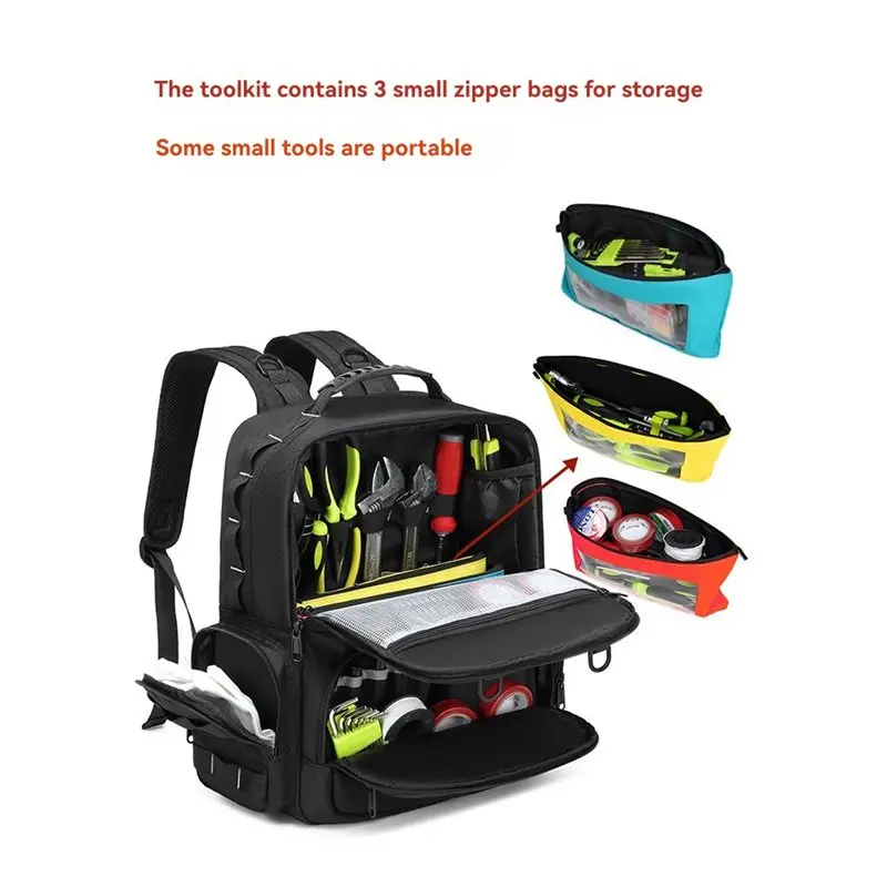 TKOH-gereedschapstas rugzak voor heren met 3 gereedschapstassen, gereedschapsopbergtas met gewatteerde schouder- en taillesteun