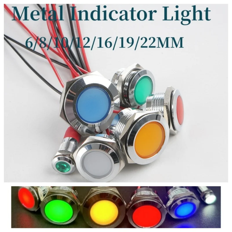 Luz indicadora de metal led 6/8/10/12/16/19/22mm, luz de sinal à prova d'água com fio 3v 5v6v12v 24v 220v vermelho/amarelo/azul/verde/branco