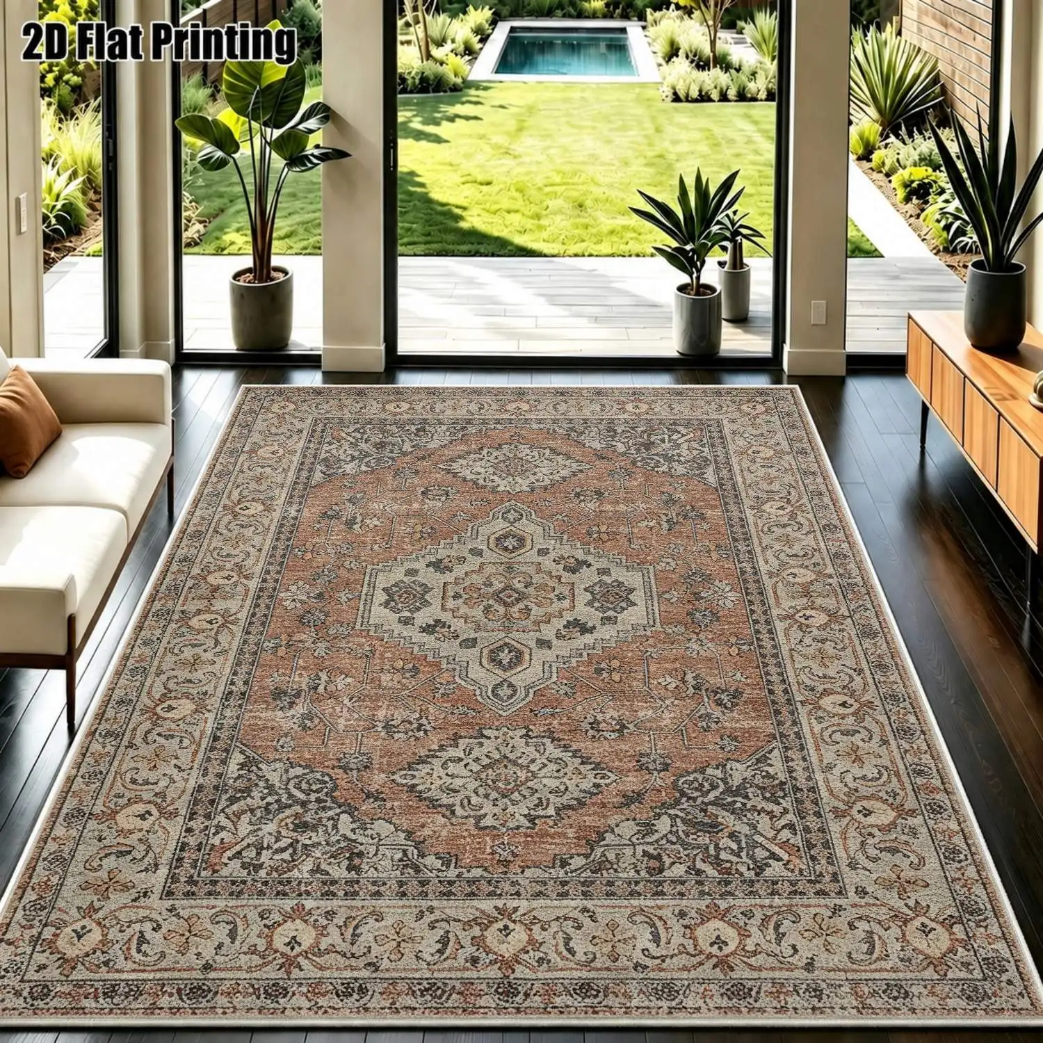 1Pc 2D Printed Retro Red-Brown Geometric Velvet Carpet, Vintage/European/Bohemian Style, Multi-Size, Machine-Washable, for Entrance, Dining, Bedroom, Living Room Home Decor