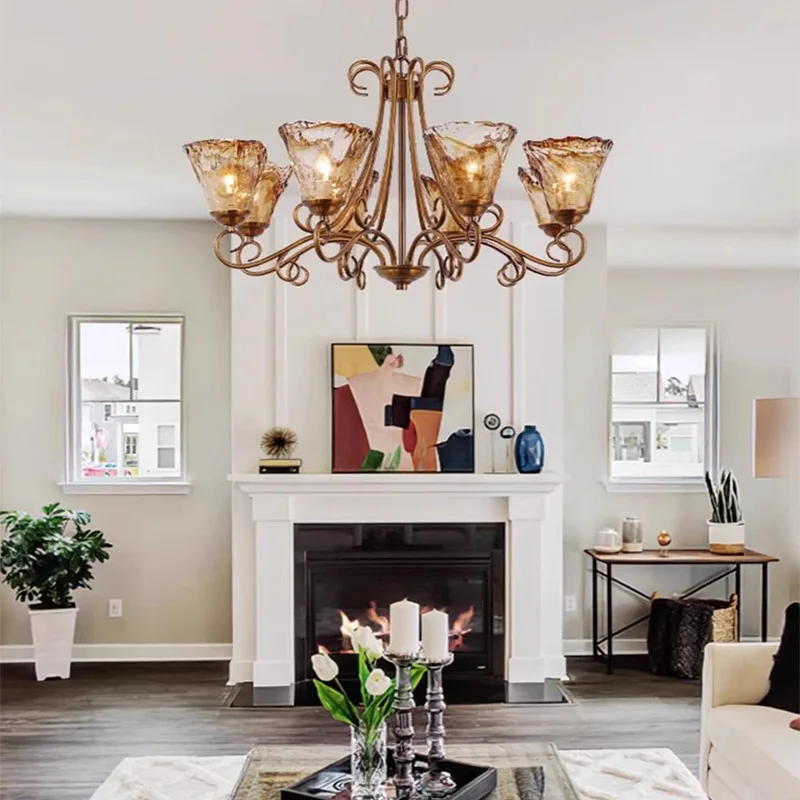 American all-copper living room chandelier, creative retro French villa dining room glass bedroom study lamp