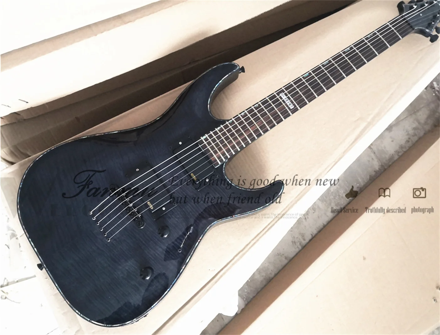 

Black Electric Guitar 351 Mahogany Body Flamed Maple Veneer Color Shell Binding Strings Though Body HH Pickups Black Tuners