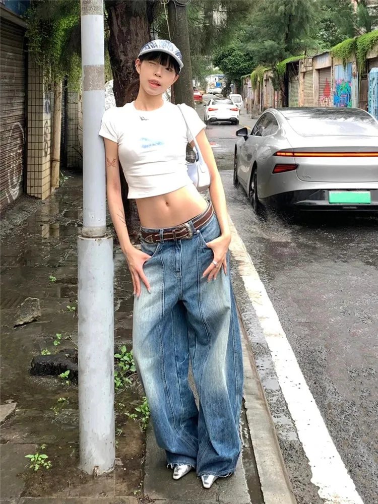 American Vintage Wide Leg Jeans Women Loose Slimming Frayed Design Tall Extended Length Bootcut Pants Deep Blue Wash Spring 2025