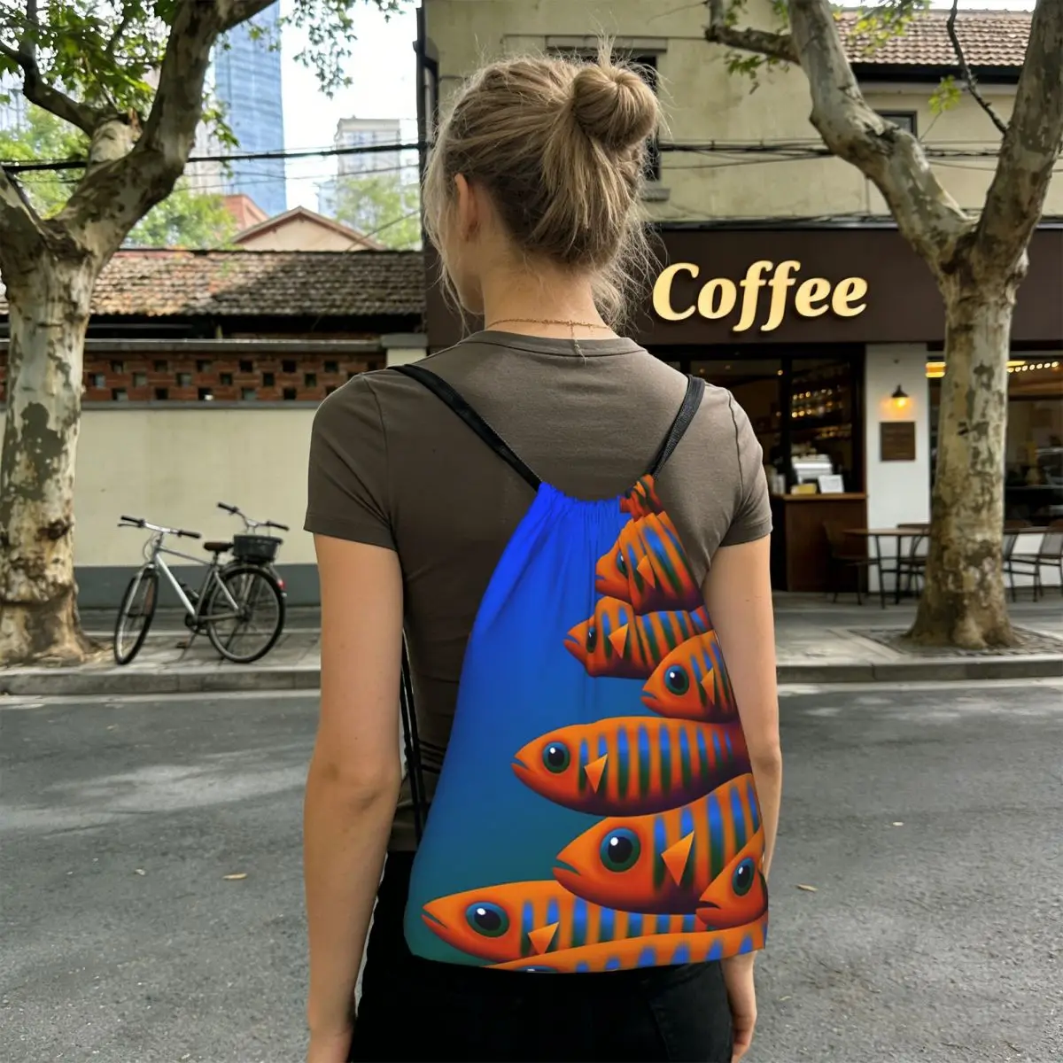 Strange Orange Fish Pattern Backpacks Portable Drawstring Bundle Pocket Sundries Bag Book Bags for Man Woman Students