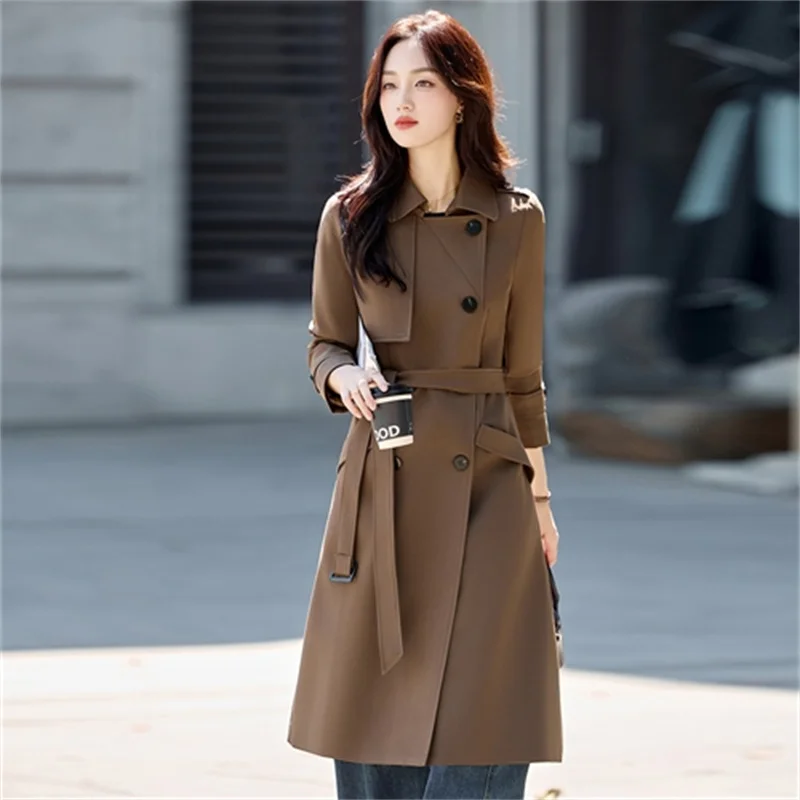 

2026 Тренч кофейного цвета, женская длинная ветровка, весна-осень, двубортная верхняя одежда с поясом, повседневный топ, уличное пальто