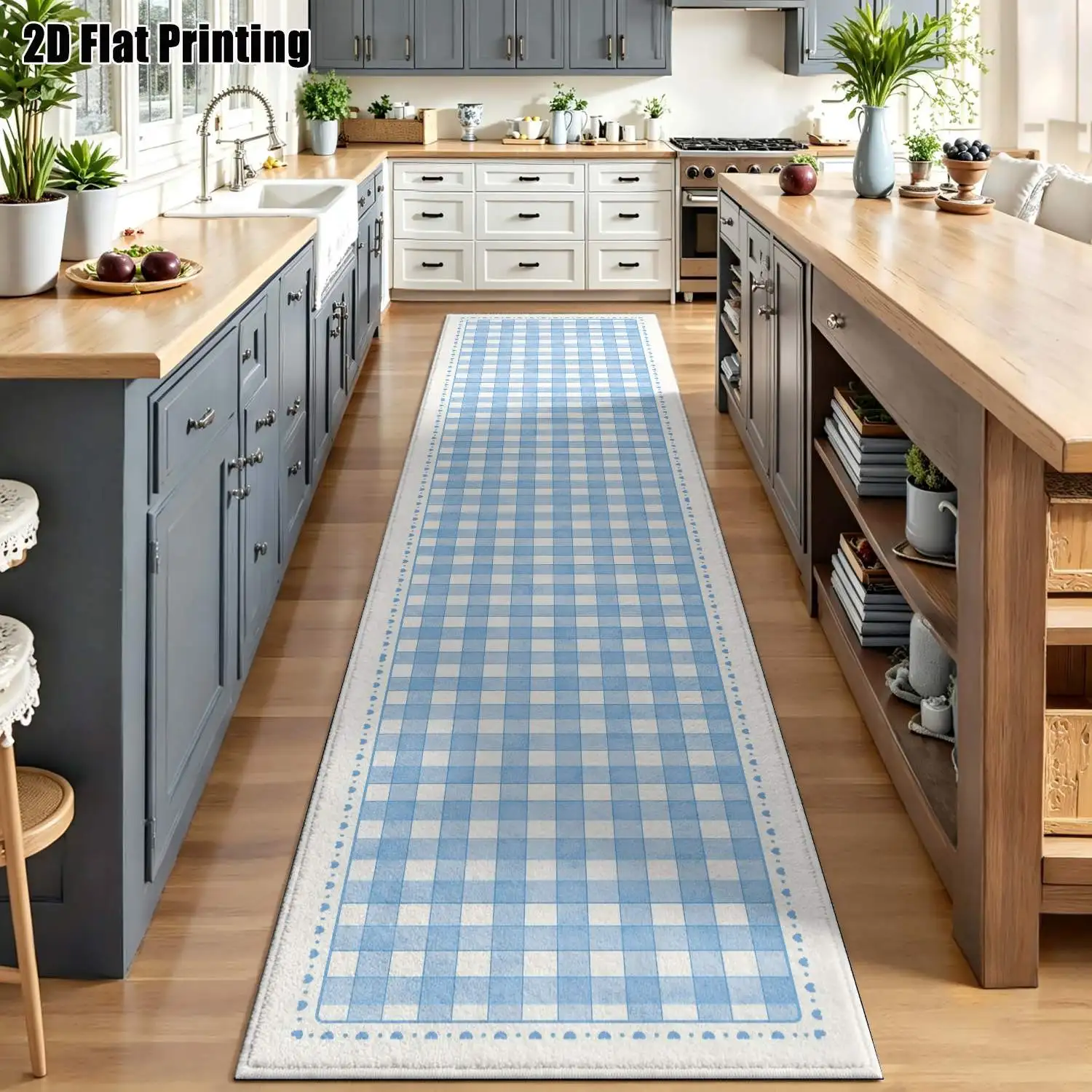 1Pc 2D Printed Blue-White Checkered Strip Runner Rug, Nordic/Instagram Minimalist Modern Geometric Style, Home Decor, Multi-Size, Machine Washable, for Entryway, Hallway, Living Room, Bedroom