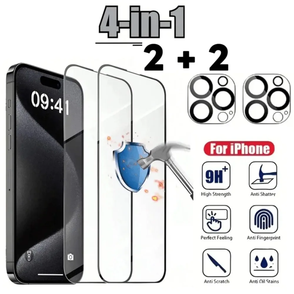 2 Stücke Gehärtetes Glas Displayschutzfolie Mit 2 Stücke Kameraobjektiv Schutz Für iphone 17 16 15 14 13 12 11 Pro Max 15 16 Plus Glas