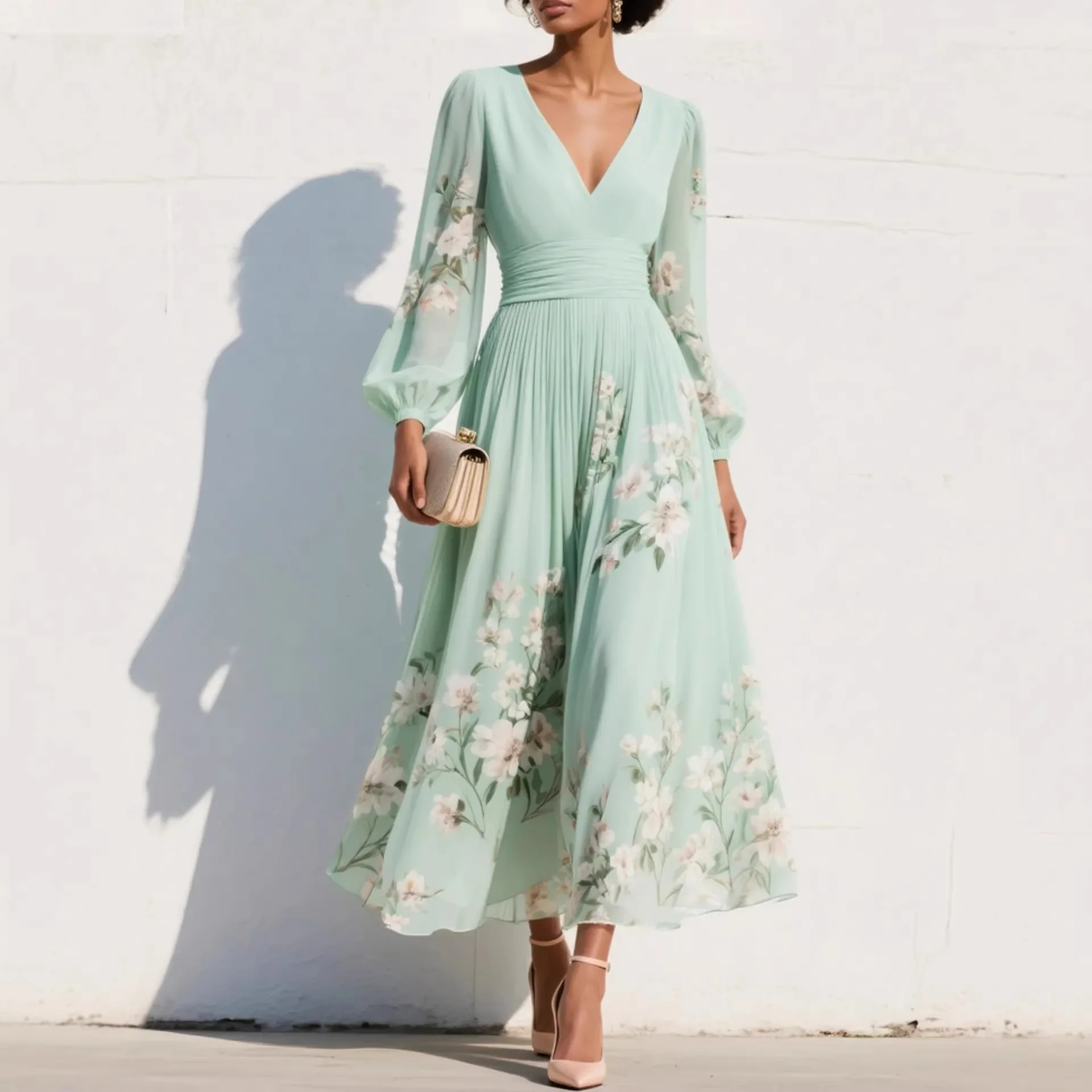 

New Spring Summer Ladies Elegant Dress Sexy V-neck Print Long Sleeve Big Swing A-line Holiday Dress Women Dresses Clothing